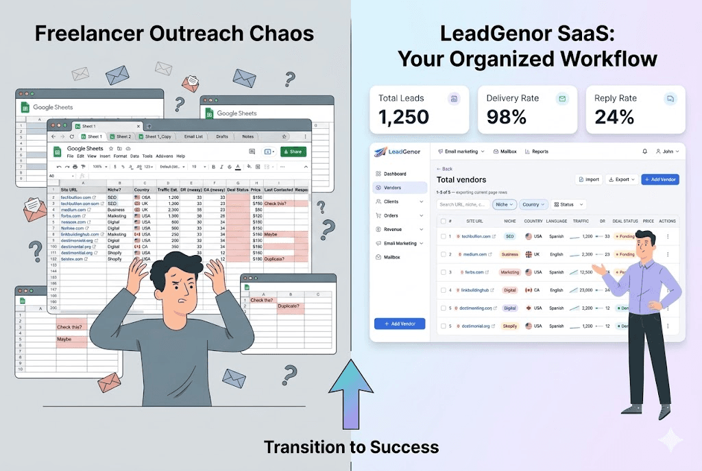 Messy spreadsheets vs LeadGenor dashboard