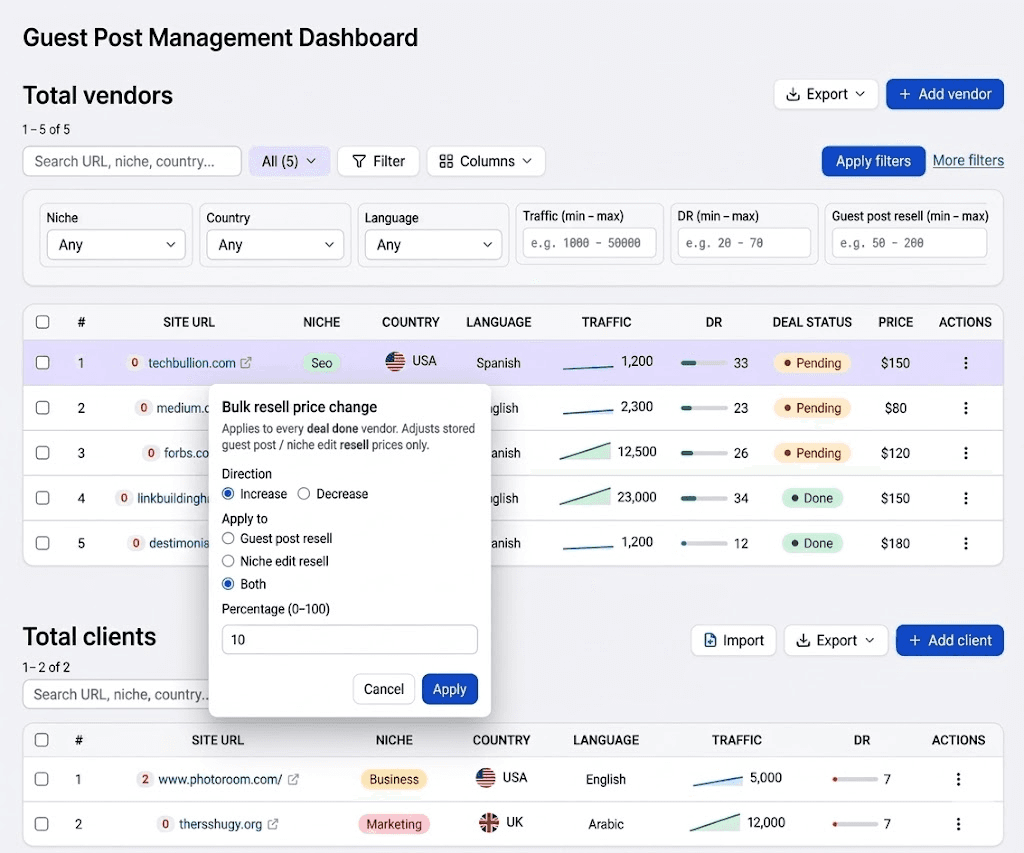 Vendor database management screenshot