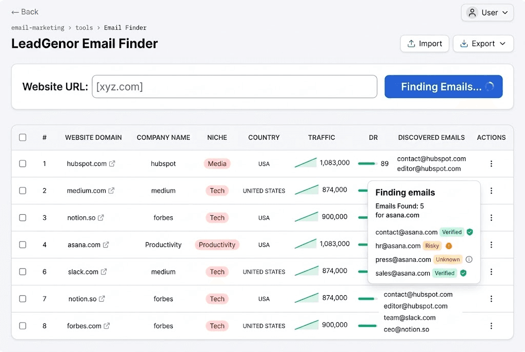 Email finder results interface