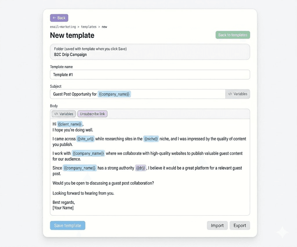 Email template editor screenshot